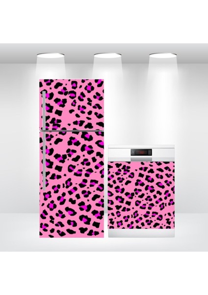 Buzdolabı ve Bulaşık Makinesi Kapak Kendinden Yapışkanlı Folyo Kaplama Pembe Leopar