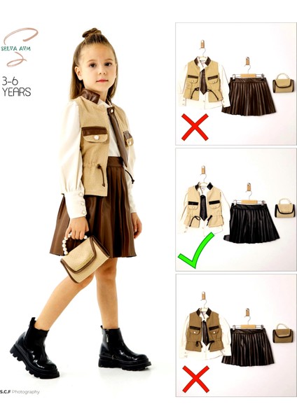 Etekli Yelekli Çantalı Gömlekli En Şık Kız Çocuk Takımlar, Okula, Davete, Bayramada Çocuk Takımları