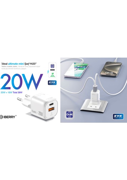 Hi20 Mini Cold 20W Gan Seyahat Şarj Aleti USB A+Usb C