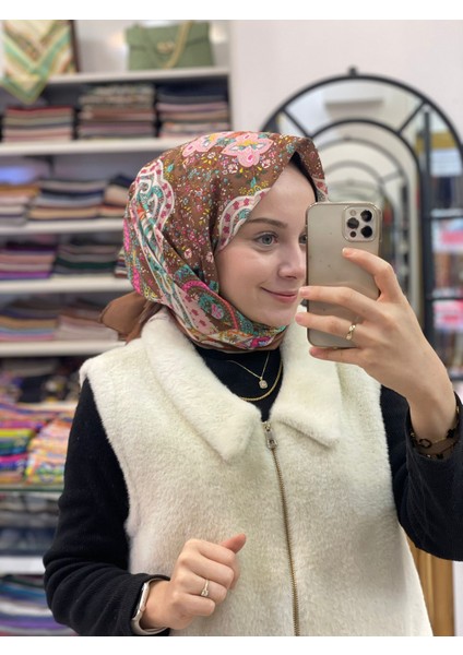 Çikolata Siyane Scarf Renkli Etnik Desen Pamuk Eşarp
