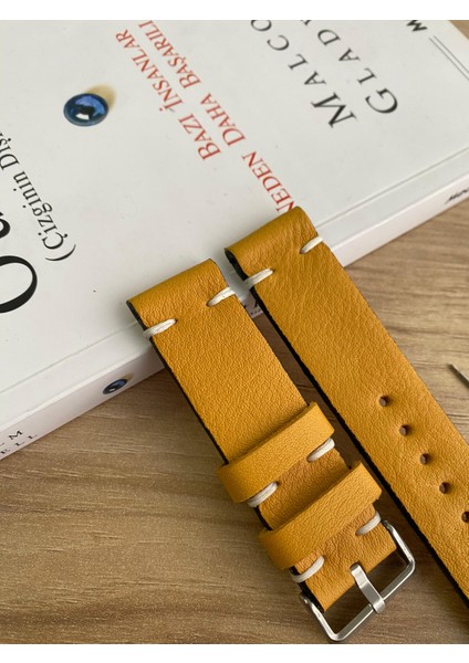 El Dikişi Hardal Sarısı Gerçek Deri Saat Kordonu. Hakiki Deri. 18,20,22,24,26MM. Genişlik Seçenekleri