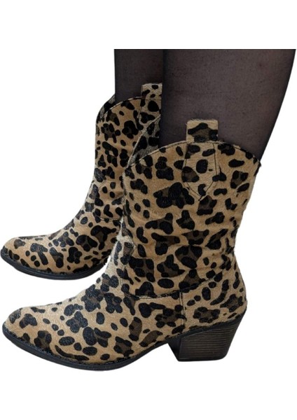 Padera Leopar Desenli Kadın Kovboy Botu - Padera - Leopar - 38