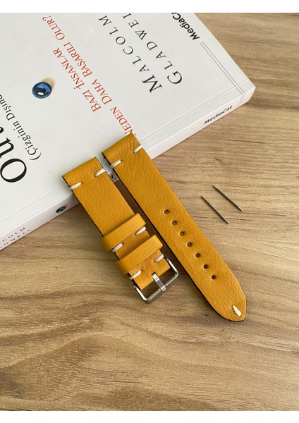 El Dikişi Hardal Sarısı Gerçek Deri Saat Kordonu. Hakiki Deri. 18,20,22,24,26MM. Genişlik Seçenekleri