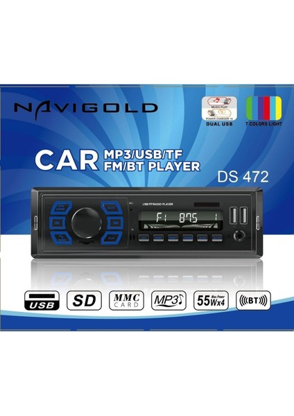 DS-472 Çift USB Girişli Bluetooth Oto Teyp Araba Teybi Sd Aux Teyp Amfi Çıkışlı Kumandalı Rgb Işıkl