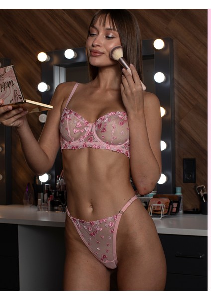 Dantelli Tül Çiçek Desenli Brode Nakışlı Sütyen Külot Takımı Altan Balenli