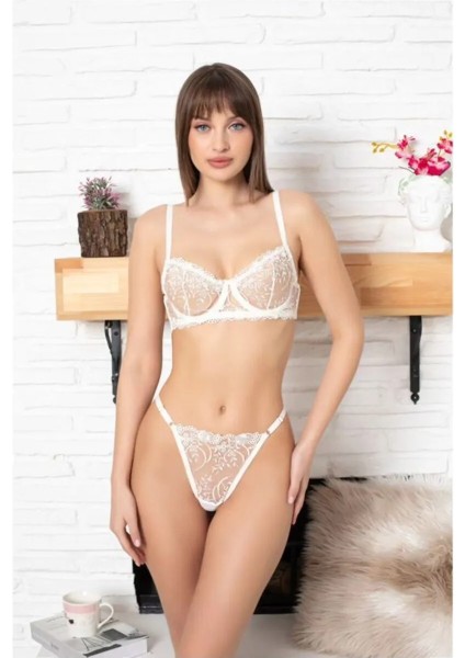 Dantelli Tül Çiçek Desenli Brode Nakışlı Sütyen Külot Takımı Altan Balenli modelleri