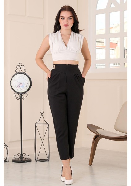 Kadın Arka Bel Kısmı Lastikli Kemer Detaylı Yüksek Bel Cepli Havuç Kumaş Pantolon - Siyah fiyatları