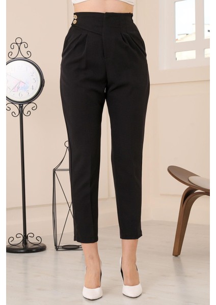 Kadın Arka Bel Kısmı Lastikli Kemer Detaylı Yüksek Bel Cepli Havuç Kumaş Pantolon - Siyah modelleri