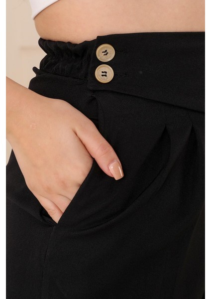 Kadın Arka Bel Kısmı Lastikli Kemer Detaylı Yüksek Bel Cepli Havuç Kumaş Pantolon - Siyah indirimleri