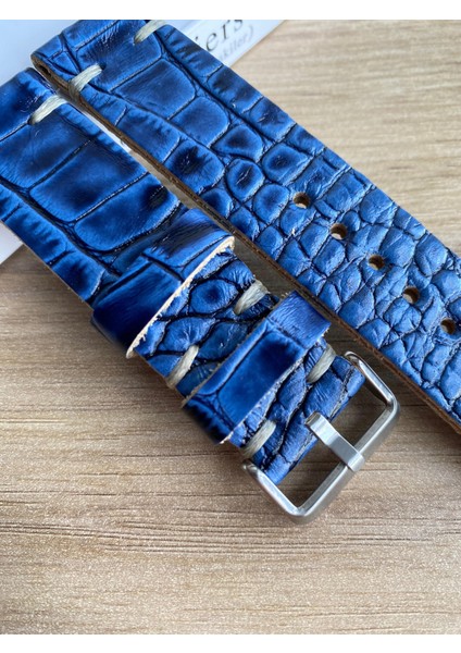 El Dikişi Lacivert Croco Desen Gerçek Deri Saat Kordonu. Hakiki Deri. 18,20,22,24,26MM. Genişlikseçenekleri.