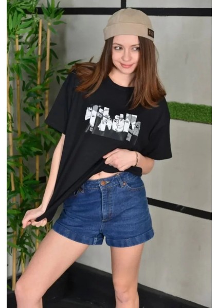 Bisiklet Yaka Baskılı Oversize T-Shirt - Siyah