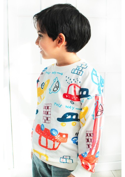 Araçlar Desenli Renkli Erkek Çocuk Uzun Kollu Sweatshırt