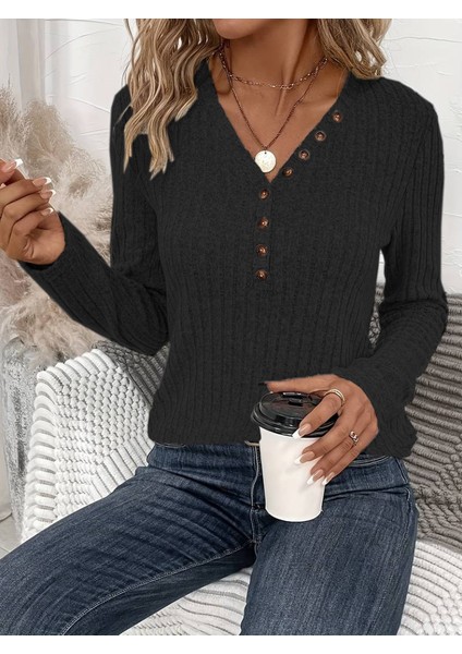 Kadın Uzun Kollu V Yakalı Düğmeli Şardonlu Kaşkorse Bluz modelleri