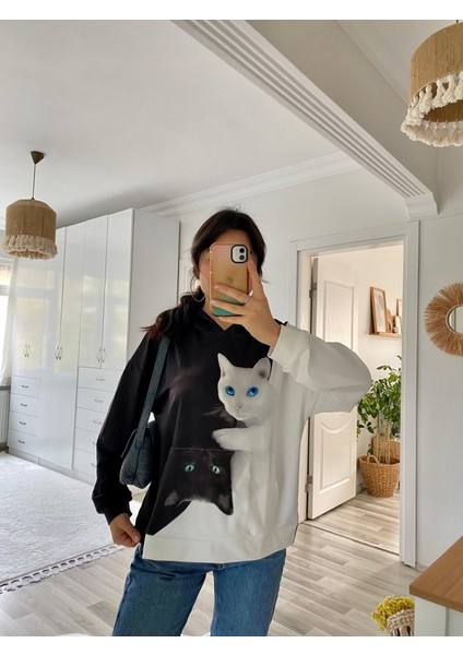 Kadın Uzun Kollu Kapşonlu Bağcıklı Kedi Desenli Şardonlu Dalgıç Bluz
