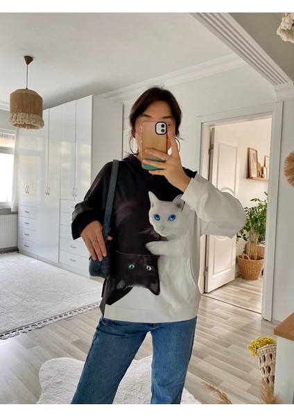 Kadın Uzun Kollu Kapşonlu Bağcıklı Kedi Desenli Şardonlu Dalgıç Bluz