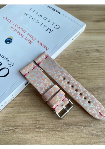 El Dikişi Pembe Hologram Desen Kırmızı Dikiş Gerçek Deri Saat Kordonu. Hakiki Deri. 18,20,22,24,26MM.