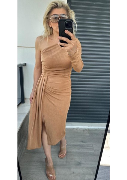 Tek Omuz Jarse Elbise Camel