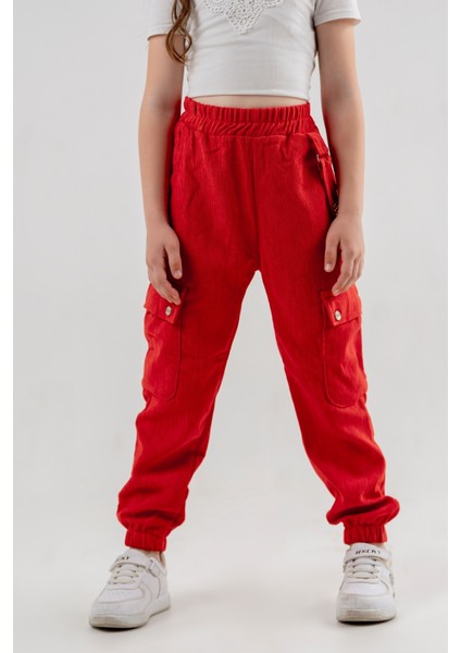 Kız Çocuk Beli ve Paçası Lastikli Kargo Cepli Pantolon G2526
