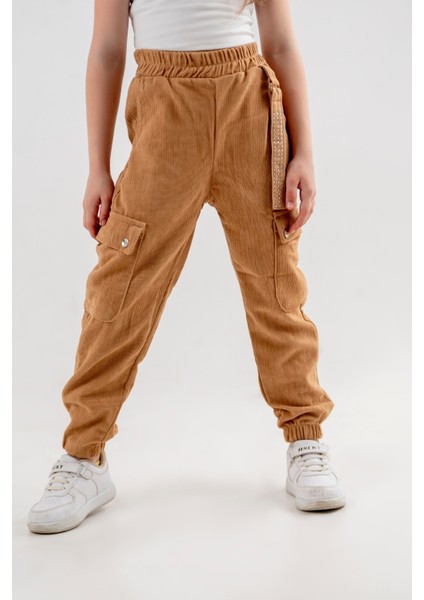 Kız Çocuk Beli ve Paçası Lastikli Kargo Cepli Pantolon G2526