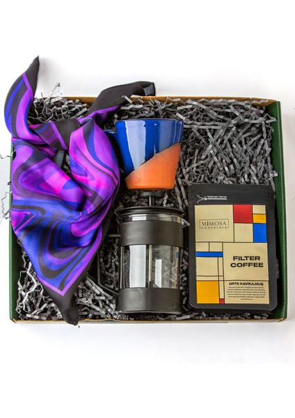 Mor Desenli Fular - Sırlı Toprak Kahve-Çay Fincanı - French Press 350 ml - Mimosa Filtre Kahve 50 gr Hediye Seti