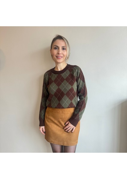Kahverengi Haley Baklava Desenli Kazak (Kahverengi Tabanlıdır)