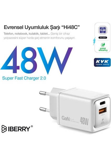 Hi48 Compact Effıcıent & Hı Tech Gan 48W Seyahat Hızlı Şarj Aleti USB A+ USB C Dual Type C