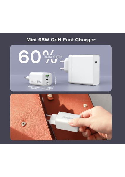 Hi65 Compact Super Fast Cold 65W Gan Seyahat Şarj Aleti 2 USB C + USB A USB C2- USB A
