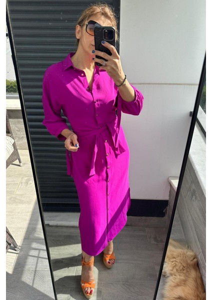 Gold Düğme Detaylı Gömlek Elbise Fuşya
