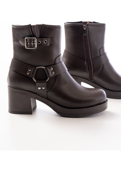 5109-3042 Kahverengi Toka Aksesuarlı Fermuarlı Kalın Topuklu Günlük Kadın Bot fırsatları