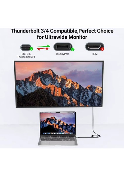 Type C To Displayport Kablo 2 Metre 8k-60hz 4K-120 Hz Thunderbolt 3 Uyumluluğu ZR858 modelleri