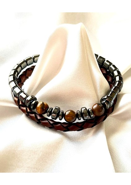 %100 Deri&hematit Kombin Erkek Bileklik Net 21CM (Türk El Üretimi)