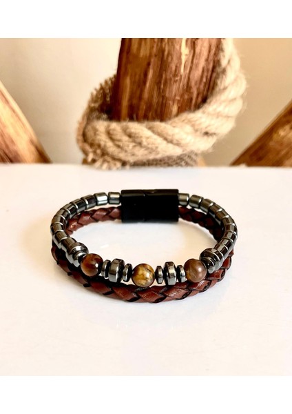 %100 Deri&hematit Kombin Erkek Bileklik Net 21CM (Türk El Üretimi) modelleri