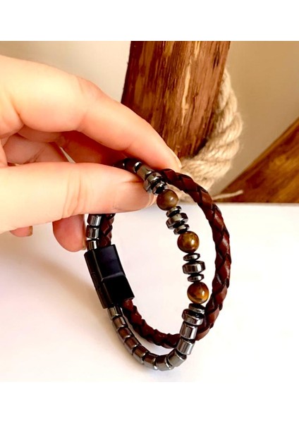 %100 Deri&hematit Kombin Erkek Bileklik Net 21CM (Türk El Üretimi) fırsatları