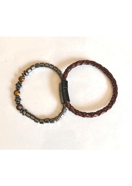 %100 Deri&hematit Kombin Erkek Bileklik Net 21CM (Türk El Üretimi) indirimleri