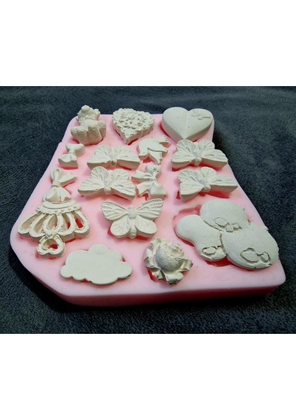 Kelebek Ayı Kalp Taç Bulut Balon Kuş Gül Çiçek Kurdele, 16 Objeli Silikon Kalıp K-1145 modelleri