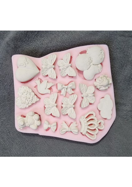 Kelebek Ayı Kalp Taç Bulut Balon Kuş Gül Çiçek Kurdele, 16 Objeli Silikon Kalıp K-1145 indirimleri