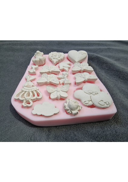 Kelebek Ayı Kalp Taç Bulut Balon Kuş Gül Çiçek Kurdele, 16 Objeli Silikon Kalıp K-1145
