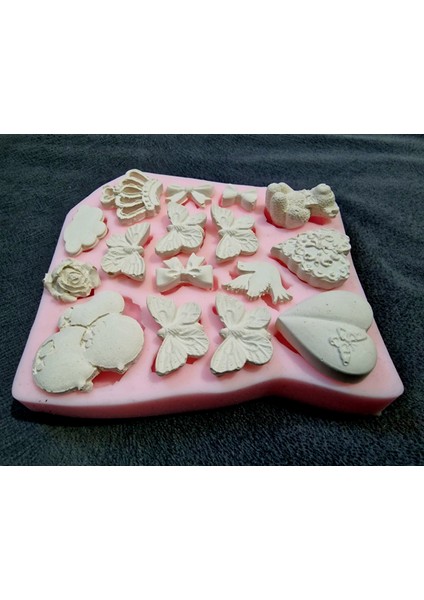 Kelebek Ayı Kalp Taç Bulut Balon Kuş Gül Çiçek Kurdele, 16 Objeli Silikon Kalıp K-1145