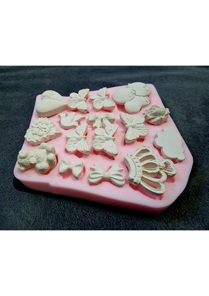 Kelebek Ayı Kalp Taç Bulut Balon Kuş Gül Çiçek Kurdele, 16 Objeli Silikon Kalıp K-1145