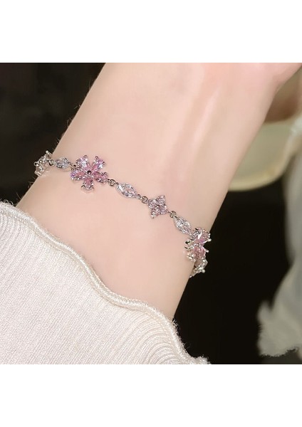 Zirkon Taşlı Pembe Sakura Çiçeği Bileklik