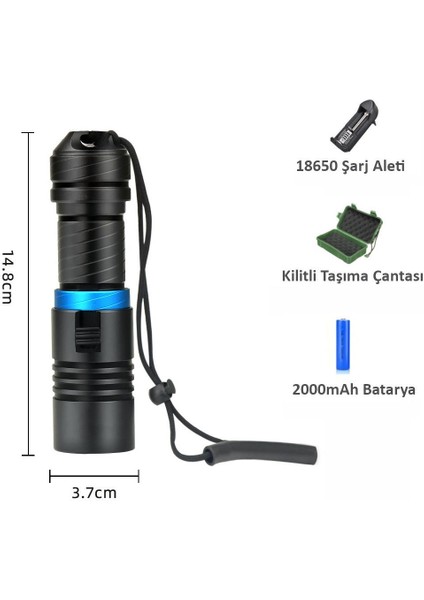 Profesyonel Şarjlı Su Altı Dalış Feneri Metal Kasa Yüksek Aydınlatma 2000MAH Kutulu