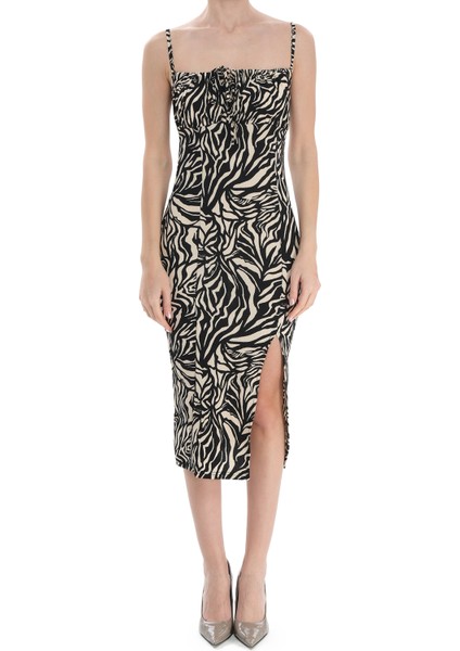 Fire Leopar Desen Askılı Önden Bağlamalı Midi Boy Yırtmaçlı Elbise