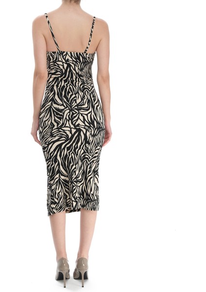 Fire Leopar Desen Askılı Önden Bağlamalı Midi Boy Yırtmaçlı Elbise modelleri