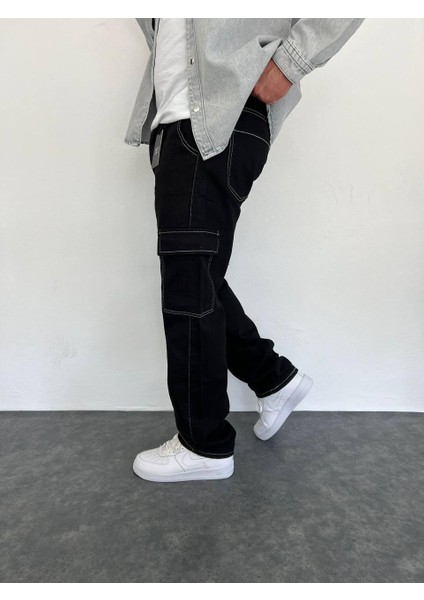 Baggy Kargo Cep Siyah Dikiş Detaylı Pantolon