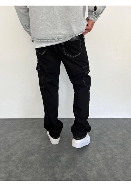 Baggy Kargo Cep Siyah Dikiş Detaylı Pantolon