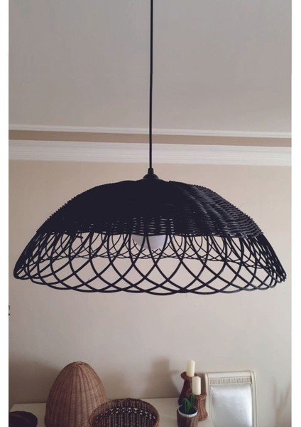 Rattan, Bambu, Hasır Sarkıt Avize Siyah Çap: 50 cm