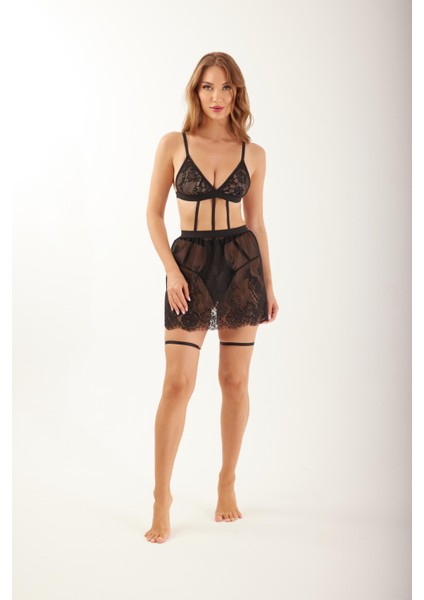 Siyah Dantelli Transparan Bodysuit Set
