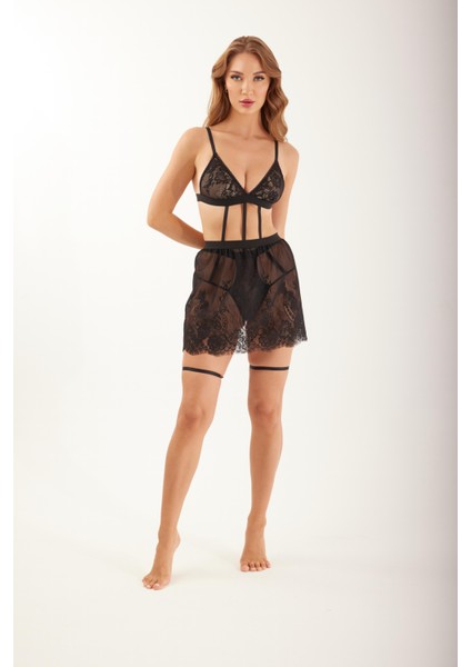 Siyah Dantelli Transparan Bodysuit Set