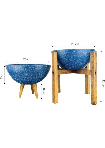 Ev Dekorasyon Lacivert Granit Aranjman Sunumluk Toprak Saksı 3-4 Ayaklı İkili Set 20 Cm Çap