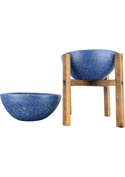 Ev Dekorasyon Lacivert Granit Aranjman Sunumluk Toprak Saksı Ayaksız Ve 4 Ayaklı İkili Set 20 Cm Çap